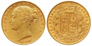 Great Britain, Victoria Queen, Gold Sovereign, 8g, 1870, young head, shield on rev. (KM 73