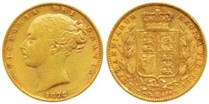 Great Britain, Victoria Queen, Gold Sovereign, 8g, 1872, young head, shield on rev. (KM 73