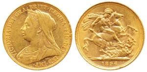 Great Britain, Victoria, Gold Sovereign, 8g, 1896, Veiled head, St. George slaying a drago