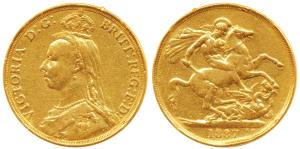 Great Britain, Victoria Queen, Gold 2 Pounds, 16g, 1887, Jubilee head, St. George slaying 