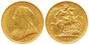 Great Britain, Victoria Queen, Gold 2 Pounds, 16g, 1893, Veiled head, St. George slaying a