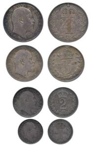 Great Britain, Edward VII, Silver (4), Set of Maundy Money, 1905, 4, 3, 2 and 1 Shilling, 