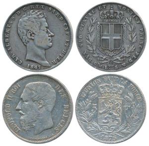 Italy, Italian State Sardinia, Carlo Alberto, Silver 5 Lire, 1847;Belgium, Silver 5 Francs