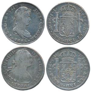 Mexico, Silver 8 Real (2), Charles IV, 1796; Ferdinand VII, 1815, Crowned shield flanked b