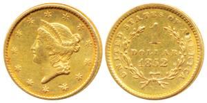 United States of America, Gold 1 Dollar, 1.7g, Liberty head on obv., 1852, (KM 73 Fr 84). 