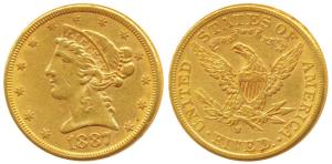 United States of America, Gold $ 5 (Dollars), 8.34g, Liberty head on obv., Motto ’IN GOD W