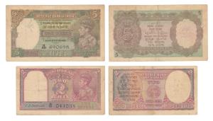 George VI, Rupees 2 and 5, 1944 and 1938, signed C. D. Deshmukh and J. B. Taylor (J&R 2.2 