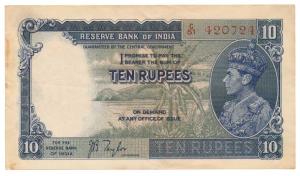 George VI, Rupees 10, 1st issue, 1938, signed J. B. Taylor, (J&R 5.1). Very Fine+, nice cr