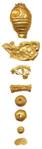 Gold Beads (c. 3rd BC-3rd AD), the first in shape of a fish, assorted gold beads and fragm