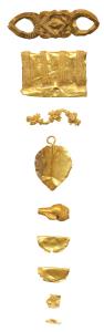 Gold Beads, the first in shape of a conch shell, second a leaf, together with fragments of