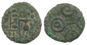 Ujjain Region, Uninscribed Copper Fraction, 2.48g, obv. Mahakal standing, holding spear in