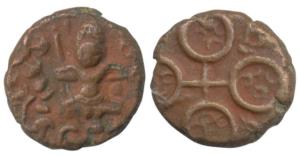 Ujjain Region, Uninscribed Copper Fraction, 2.35g, obv. a seated human figure with tree in