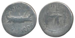Roman, Marcus Antonius (c. 32-31 BC), Silver Denarius, obv. Praetorian galley, ANT. AUG. I