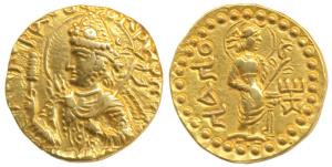 Kushanas, Huvishka (c. 152-192 AD), Gold Dinar, Mint II (B), obv. nimbate, diademed and cr