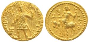 Kushanas, Vasudeva (c. AD 192-225), Gold Dinar, 8.04g, obv. king nimbate standing left, ho