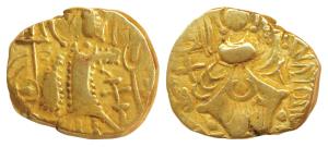 Kidara Kushanas, Gold Dinar, obv. king standing facing, head left, sacrificing over altar 