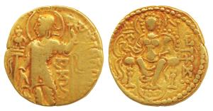 Guptas, Samudragupta, Gold Dinar, 7.36g, Sceptre type, obv. king nimbate standing left wea