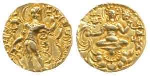 Guptas, Chandragupta II, Gold Dinar, 7.89g, ’Archer’ type, obv. king nimbate, standing lef