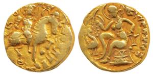 Guptas, Kumaragupta I Mahendraditya, Gold Dinar, 8.8g, ’Horseman’ type, obv. king nimbate,