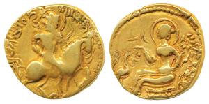 Guptas, Kumaragupta I, Gold Dinar, 8.04g, ’Horseman’ type, obv. king nimbate, holding bow,