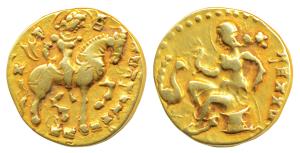 Guptas, Kumaragupta I, Gold Dinar, ’Horseman’ type, obv. king nimbate, holding bow, riding