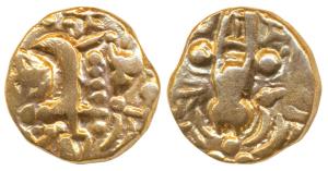 Karkotakas of Kashmir, Pratapaditya (5th century AD), Base Gold, seated goddess with legen