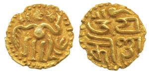 Cholas, Raja Raja I (985-1014 AD), Gold 2 Fanams, 0.71g, obv. king standing looking right,