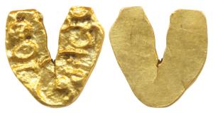 Shilaharas of Kolhapur or Feudatories (c. 1050-1212 AD), Gold U-Shaped Fanam, 0.55g, three