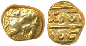 Vijayanagar, Bukka Raya I (1344-1377 AD), Gold Pagoda, 3.38g, warrior walking to right wit