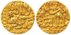 Akbar, Gold ½ Mohur, 5.45g, Dar ul-Khilafat Agra Mint (mint name off flan), AH 978, Kalima