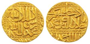 Akbar, Gold Mohur, 10.96g, Ahmedabad Mint, AH 986, Kalima on obv. (KM 108.2). Extremely Fi