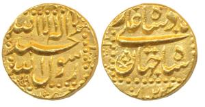 Shah Jahan, Gold Mohur, 11.02g, Burhanpur Mint, AH 1059/23, legend within dotted square ar