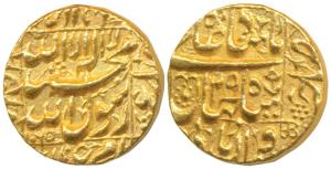 Shah Jahan, Gold Mohur, 10.99g, mint name off flan, AH 1065/29, legend within square area.