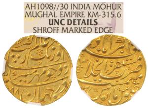 Aurangzeb, Gold Mohur, Mustaqir al-Khilafat Akbarabad Mint, AH 1098/30 (KM-315.6). NGC gra
