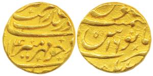 Aurangzeb, Gold Mohur, 11g, Kabul Mint, RY 14, without mint epithet (KM 315.24). About Ext