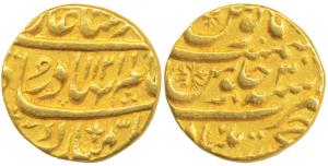 Shah Alam Bahadur, Gold Mohur, 10.84g, Khujista Bunyad Mint, AH 1121/3, near complete mint
