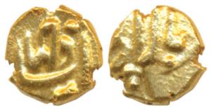 Jahandar Shah (AH 1124, 1712-1713 AD), Gold Fanam, 0.36g, Balapur Mint, complete name of t