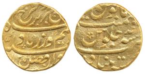 Farrukhsiyar, Gold Mohur, 10.92g, Khujista Buniyad Mint, AH 1125/Ahd, (KM 390.19). Very Fi