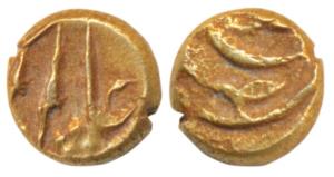 Alamgir II, Gold Fanam, 0.38g, Kolar Mint, with clear mint name on rev. Very Fine, Rare.