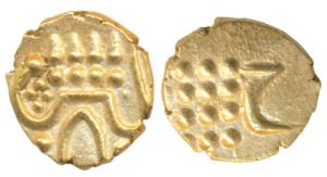 Haider Ali (AH 1174-1197, 1761-1782 AD), Gold Fanam, 0.39g, obv. degenerate kali, rev. Per