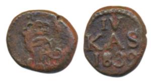 Tranquebar, Christian VIII, Copper 4 Cash, 2.65g, (1)843, crowned CR monogram with VII bet
