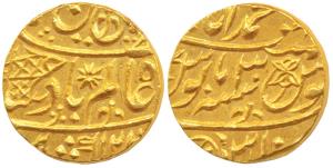 Muhammadabad Banaras Mint, Gold Mohur, 10.85g, in the name of Shah Alam II, fish, sun-burs