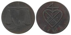 Copper Proof 2 Pice / 8 Reas, 1791, bale mark with date below on obv., scales on rev. (Pri