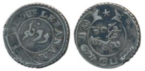 Silver Double or 2 Fanams, 1.84g, 2nd issue, 1808, oblique milling, buckled garter on obv.