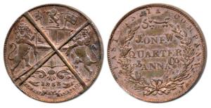 Copper ¼ Anna, 1858, defaced Die Trial by J Watt & Co., Birmingham, England. Pridmore stat