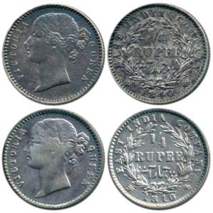 Victoria Queen, Silver ¼ Rupee (2), 1840, divided legend, WW raised. Fine+ to About Very F