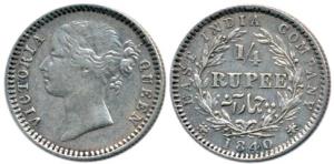Victoria Queen, Silver ¼ Rupee, 1840, Madras Mint, divided legend, WWS raised. About Very 