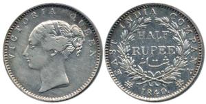 Victoria Queen, Silver ½ Rupee, 1840, continuous legend, English Head, no initials, rev. 1