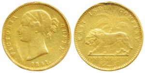 Victoria Queen, Gold Mohur, 11.60g, 1841, divided legend, WW incused on truncation (KM 462