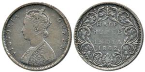 Victoria Queen, Silver ½ Rupee, 1862, B1 / II / No Mint Mark. About Very Fine, Rare.